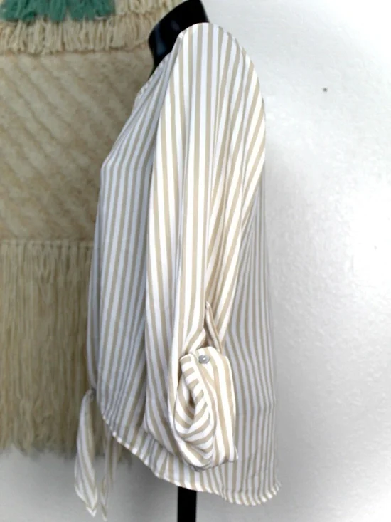 Chico's Size 0 Striped Long Sleeve Front
Tie Blouse Tan, white chifon - Picture 7 of 8